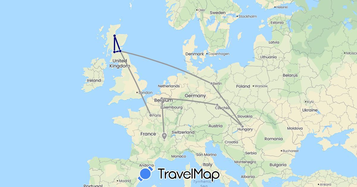 TravelMap itinerary: driving, plane in Belgium, Czech Republic, Germany, France, United Kingdom, Hungary (Europe)